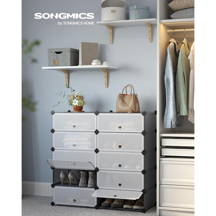 SONGMICS модульна шафа для взуття з 10 відділеннями, пластиковий стелаж із дверцятами, органайзер для взуття, сірий