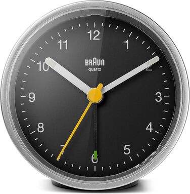 Класичний аналоговий будильник Braun BC12SB з підсвіткою, тихим кварцовим механізмом, поступовим сигналом і функцією повтору, чорний/сріблястий