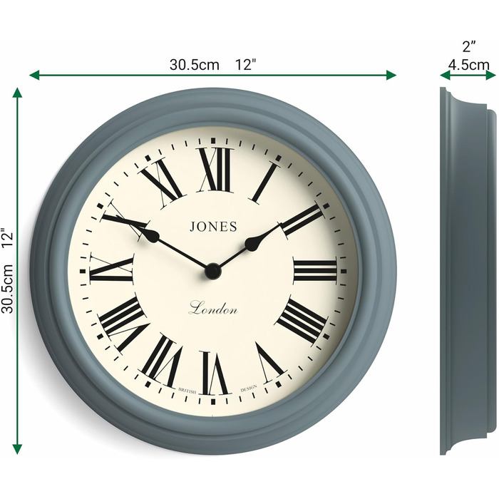 Настінний годинник JONES CLOCKS, класичний круглий, 30 см, зелений, римські цифри, традиційний дизайн для кухні, вітальні чи спальні