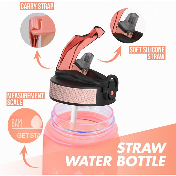 Пляшка для води 1 л BPA-free зі соломинкою та мірною шкалою, для велосипеда, спорту, школи, зручна для газованих напоїв, помаранчева та світло-зелена з помаранчевою кришкою