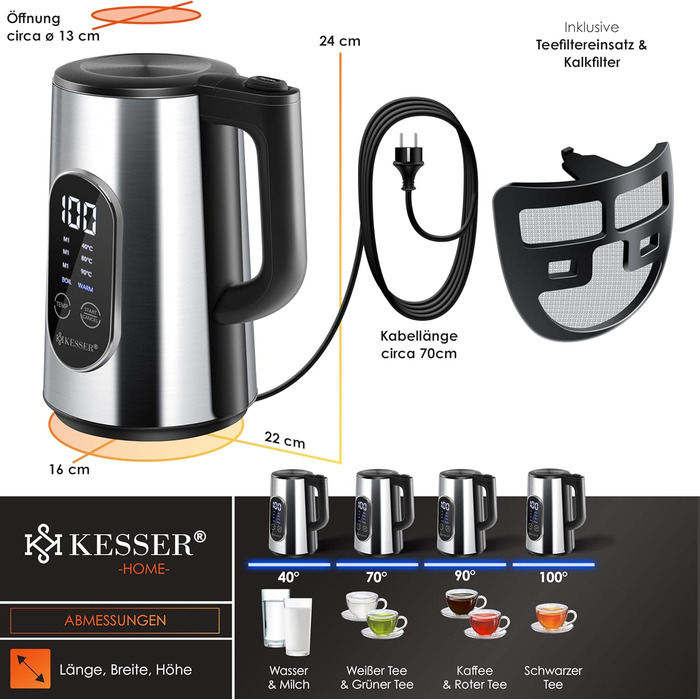 Електрочайник KESSER 1.7 л нерж. сталь, LED-дисплей, 2200 Вт, 4 режими температури, підтримка тепла, фільтр від накипу, BPA-Free, сріблястий