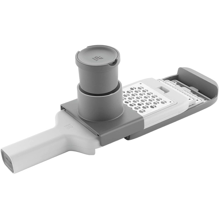 Терка кухонна ZWILLING Z-Cut, багатофункціональна, нержавіюча сталь, 4 змінні насадки, двостороннє натирання, з лотком, сіра