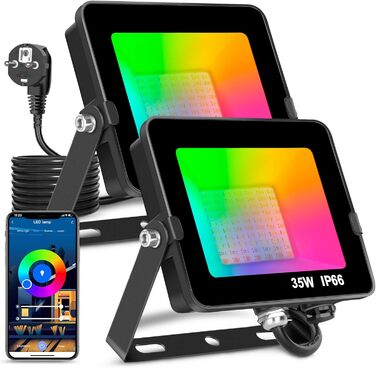 Світлодіодний прожектор 35Вт Smart RGB, зміна кольорів, Bluetooth APP керування, IP66, водонепроникний, диміруємий, для декору, саду, ландшафту, сцени, дерево, 2 шт, євровилка