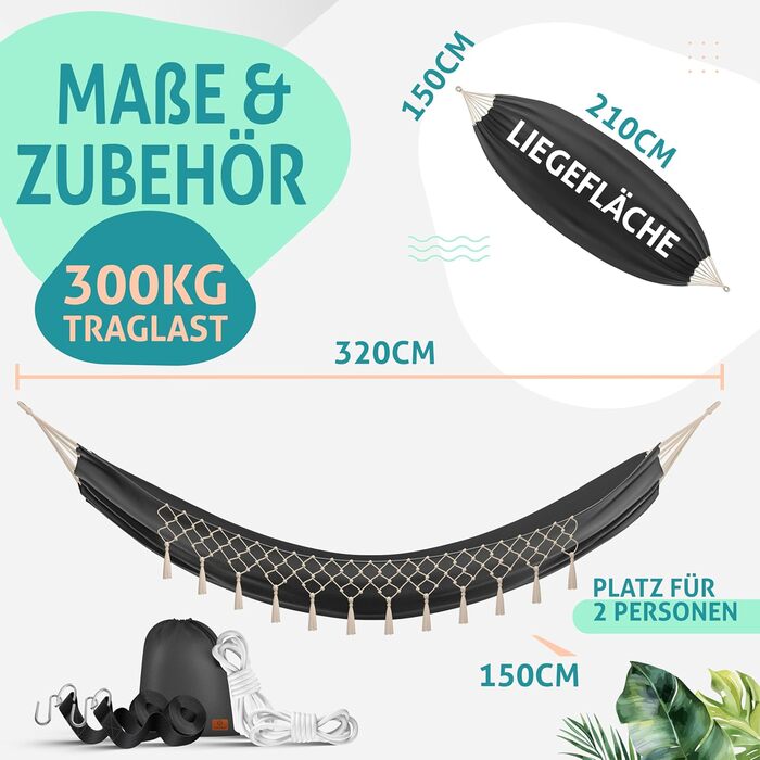Гамак KESSER 320x150 см, до 300 кг, водостійкий і дихаючий, з китицями, для 1-2 осіб, для кемпінгу, саду й вулиці, з чохлом, мотузками й ременями, антрацитовий