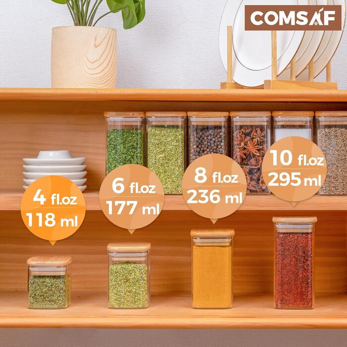 Набір скляних баночок для спецій ComSaf, 12 шт, квадратні, 120 мл, з дерев'яною кришкою та етикетками, для спецій, цукру, кавових зерен
