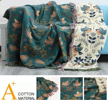 Двосторонній плед Boho 100% бавовна 200×230 см, мусліновий покривало для дивану, крісла та ліжка, м'який і затишний, синьо-бежевий