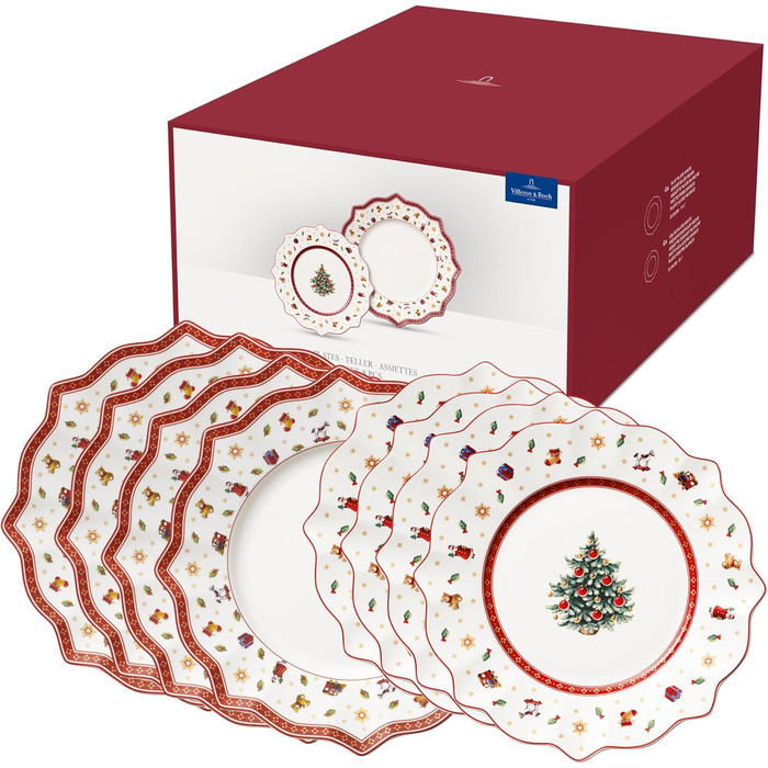Villeroy & Boch Toy's Delight – набір тарілок 8 шт., порцеляна, святковий набір для різдвяного столу, обідні та сніданкові тарілки з новорічним малюнком, сервіз на 8 персон