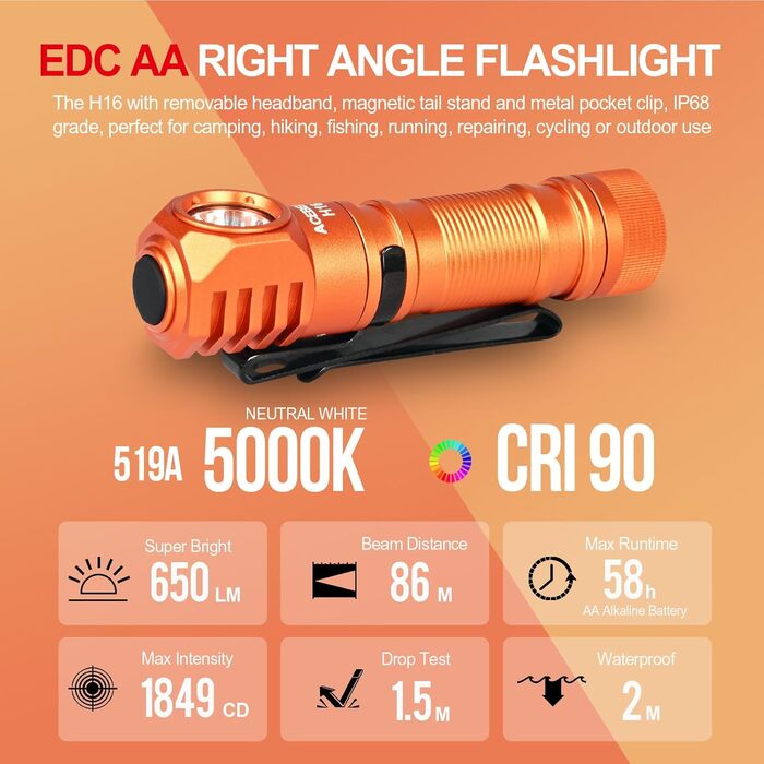 Ліхтар налобний ACEBEAM H16, 650 люмен, акумуляторний, LED, EDC, кутовий, компактний, 519A, високий CRI 90+, нейтральний білий 5000K, з ремінцем, помаранчевий
