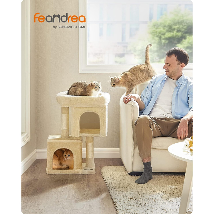 Дряпка для котів Feandrea, 67 см, будиночок для кошенят до 3 кг, велика платформа, стовпи з сизалю, бежевий