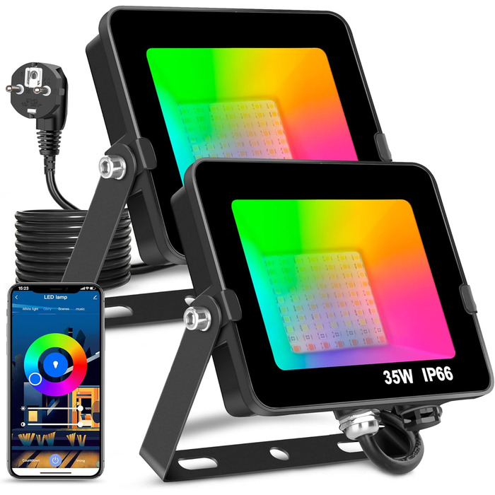 Світлодіодний прожектор 35Вт Smart RGB, зміна кольорів, Bluetooth APP керування, IP66, водонепроникний, диміруємий, для декору, саду, ландшафту, сцени, дерево, 2 шт, євровилка
