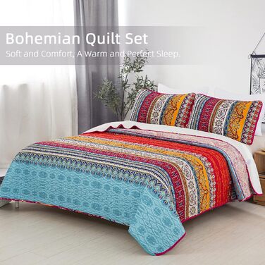 Покривало WONGS BEDDING Boho 220x240 см, мікрофібра, 3 предмети: стьобане покривало на двоспальне ліжко та 2 наволочки 50x70 см, для спальні або дивана (Богемний стиль)