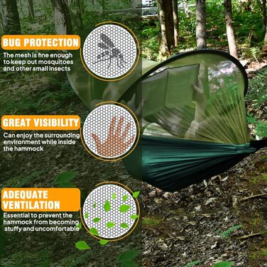 Ультралегка туристична гамак NATUREFUN з москітною сіткою, нейлон парашутний, до 300 кг, дихаючий, швидковисихаючий, з карабінами та стропами, темно-зелений