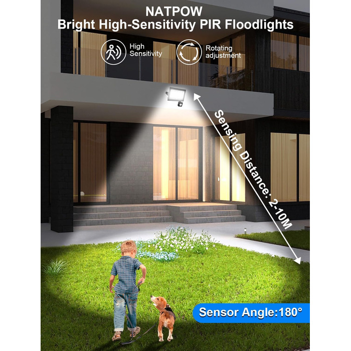 Світлодіодний прожектор NATPOW з датчиком руху, 100W, IP66, 6000K, водонепроникний, суперяскравий, для вулиці, саду, гаража, спортмайданчика, двору (2 шт)