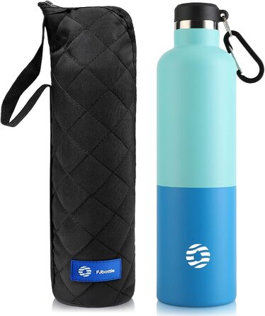 Термос-бутилка FEIJIAN FJbottle 316 з нержавіючої сталі 1000 мл, вакуумна, із карабіном, BPA-free, герметична спортивна пляшка для води, для спорту, роботи й подорожей, зелена+синя