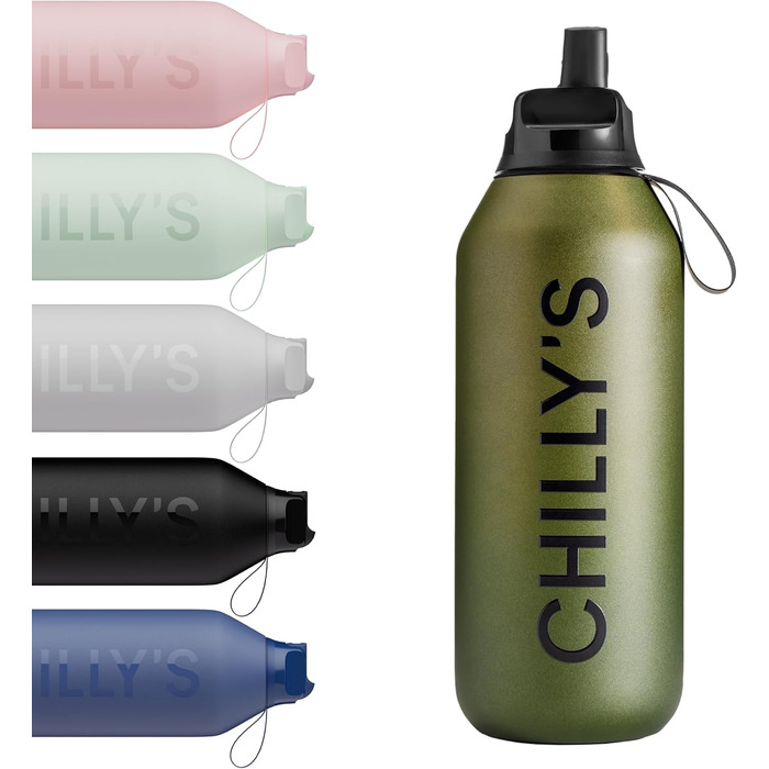 Термобутилка Chilly's Series 2 Flip 500 мл з нержавіючої сталі, з трубочкою, спортивною кришкою, ремінцем та щіткою для чищення (Ombre - Moss)