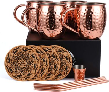 Набір мідних келихів для Moscow Mule, ручна робота, харчова мідь, 473 мл, подарунковий комплект з чаркою, соломинками та підставками, 4 шт.
