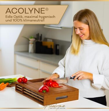 Дошка для нарізання Acolyne XXL з піддоном, карбонізований бамбук, 4 насадки для чищення, кришка, багатофункціональний кухонний набір