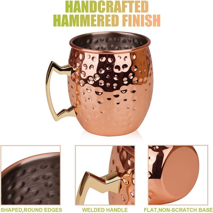 Набір мідних кухлів для Moscow Mule, 4 шт. по 550 мл з трубочками у подарунковій коробці – 100% мідь для коктейлів і охолоджених напоїв