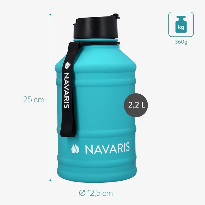 Navaris Фітнес-пляшка 2,2 л з нержавіючої сталі, спортивна водна пляшка XXL для залу, BPA-free, бірюзова