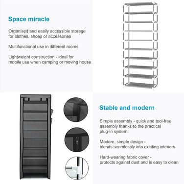 Тканинна шафа INTIRILIFE з блискавкою 170x58x28 см, 9 полиць, для одягу та взуття, розкладна, для кемпінгу, сірий