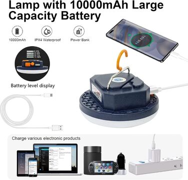 Кемпінговий ліхтар LED 2000 люменів з акумулятором 9900mAh, павербанком, гачком, ліхтар для намету, прожектор для походів, аварійний ліхтар для кемпінгу та надзвичайних ситуацій
