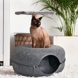Lucky Sign – Котяча печера-тунель з фетру, багатофункціональне ліжко для котів, диван-іграшка, затишний кошик та подушка для кішки, 50x50x20 см, темно-сірий