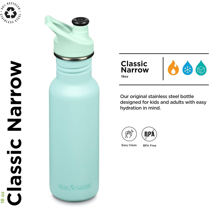 Пляшка для води Klean Kanteen Classic Narrow 532 мл, пастельно-бірюзова, нержавіюча сталь
