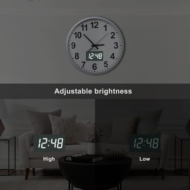 Сучасний настінний годинник KWANWA без тикань, цифровий LED/LCD дисплей, календар, термометр, на батарейках, 30,5 см, 12-годинний формат, для кухні, спальні, офісу, сріблясто-білий