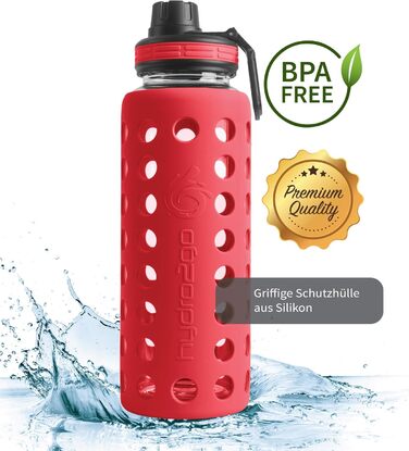 Скляна пляшка для води з силіконовим чохлом Urban Red 950 мл, 100% герметична, BPA-free, з двома кришками, для спорту, фітнесу, офісу, йоги, посудомийна машина