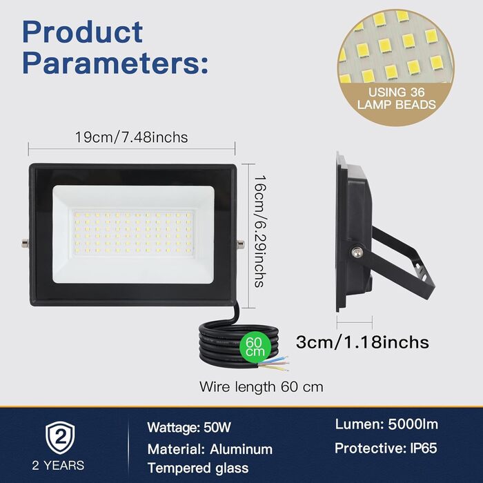 LED прожектор 50Вт для вулиці, 5000Лм, 72 LED, IP65, холодне біле світло 6500K, 230В, водонепроникний, для гаража та саду, чорний, 2 шт.