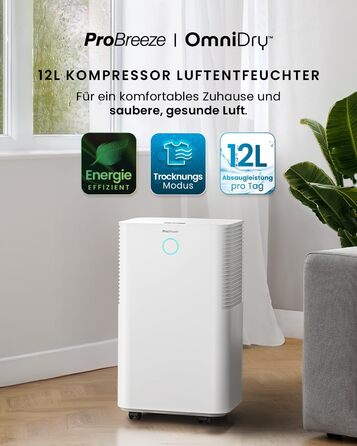 Осушувач повітря Pro Breeze OmniDry 12 л/доба, електричний, цифровий дисплей, вологомір, дренажний шланг, таймер, тихий режим, проти вологи та цвілі