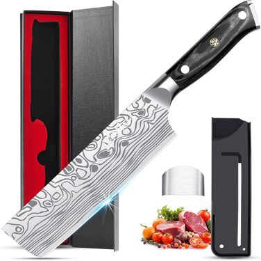 Nakiri ніж MOSFiATA для овочів та м'яса, універсальний кухонний ніж з німецької нержавіючої сталі EN1.4116, з захистом для пальців та леза, у подарунковій коробці