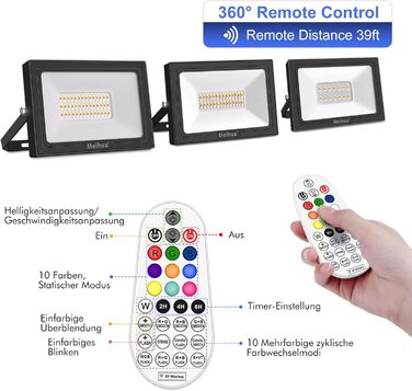 Світлодіодний RGB прожектор MEIHUA 60W з пультом, IP66, 10 кольорів, 12 режимів, таймер, для саду, ландшафту, вулиці