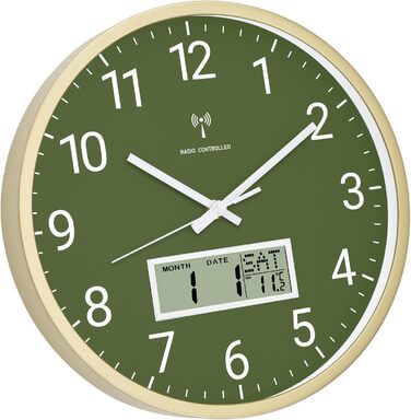 Настінний годинник Foxtop з радіокеруванням, аналоговий, 30 см, з цифровим LCD-дисплеєм температури та дати, для кухні та вітальні, сріблястий, 12 дюймів