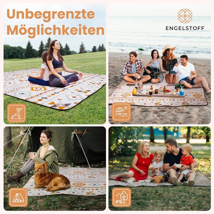 Пікнікова ковдра Engelstoff водонепроникна Boho 200x200 см — пляжна термоковдра XXL для відпочинку, парку, подорожей, кемпінгу, ізоляційна, з e-book