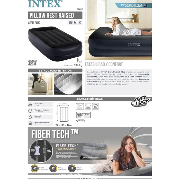 Надувне ліжко Intex Queen Pillow Rest Raised з технологією Fiber-Tech, чорний верх/синій низ, 64124 (Twin), для дорослих