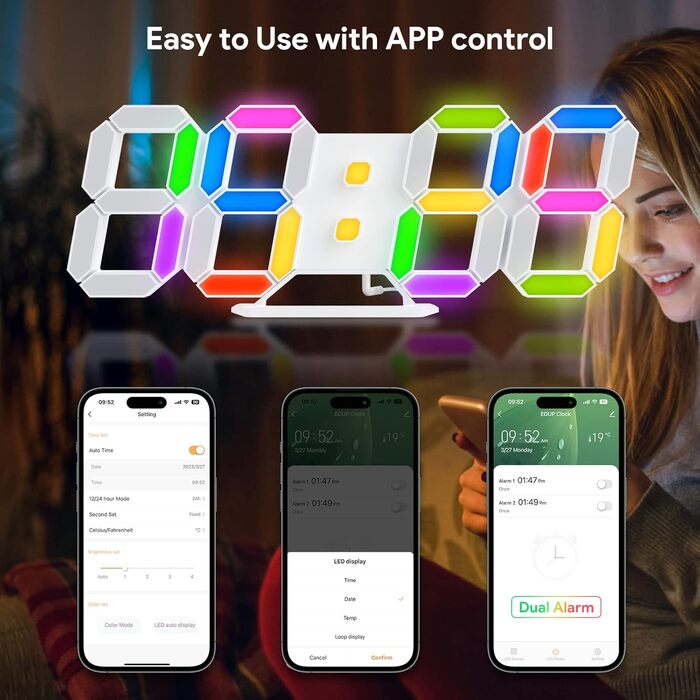 3D LED годинник-будильник EDUP HOME 9,7'' з RGB підсвіткою, безшумний, цифровий, USB, 7 кольорів, дата, температура, додаток і пульт, для спальні, вітальні, офісу