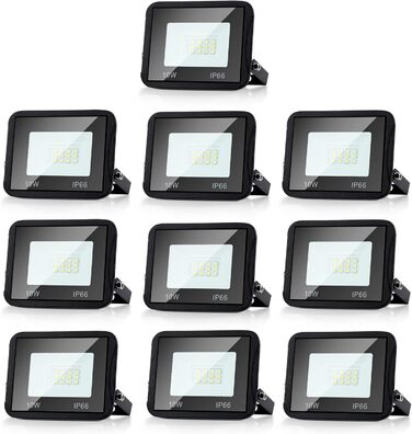 LED прожектор для вулиці 10W, 10 шт, IP66 водонепроникний, 8500Лм, холодне біле світло 6000K, кут 120°, для зовнішнього та внутрішнього використання