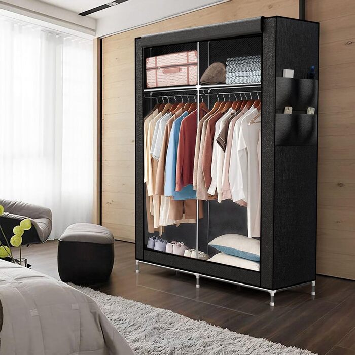 Тканинна шафа INTIRILIFE 108x170x45 см, чорна, з металевим каркасом, полицями, боковою кишенею та рейкою для одягу, розбірна, для зберігання речей