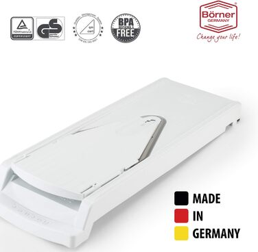 Овочерізка Börner V3 Plus з піддоном і спіральною насадкою, регульована, для скибочок, соломки й кубиків, кухонний набір, біла