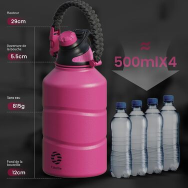 Термос-бутилка Fjbottle 1900 мл з нержавіючої сталі з магнітною кришкою, подвійними стінками, без BPA, підходить для газованої води, спортивна пляшка для фітнесу, університету, кемпінгу, на відкритому повітрі (магентовий колір)