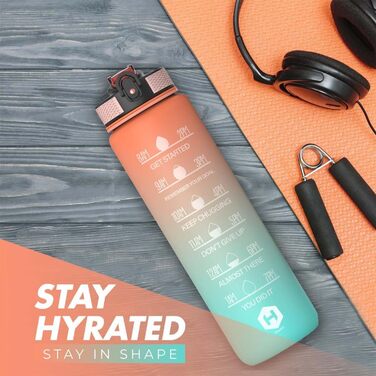 Пляшка для води 1 л BPA-free зі соломинкою та мірною шкалою, для велосипеда, спорту, школи, зручна для газованих напоїв, помаранчева та світло-зелена з помаранчевою кришкою