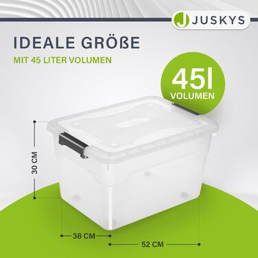 Juskys пластикові контейнери з кришкою 45 л, прозорі, набір 4 шт. — великі, штабельовані бокси для зберігання речей