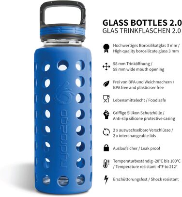 Скляна пляшка для води з силіконовим чохлом, 950 мл, герметична, BPA-free, придатна для миття в посудомийній машині, 2 змінні кришки, для офісу, спорту, фітнесу, йоги, темно-синя