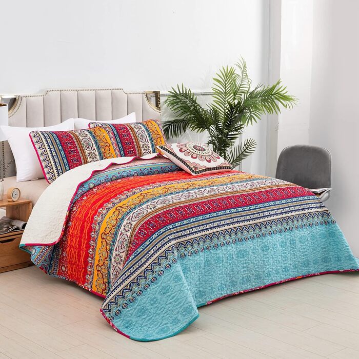 Покривало WONGS BEDDING Boho 220x240 см, мікрофібра, 3 предмети: стьобане покривало на двоспальне ліжко та 2 наволочки 50x70 см, для спальні або дивана (Богемний стиль)
