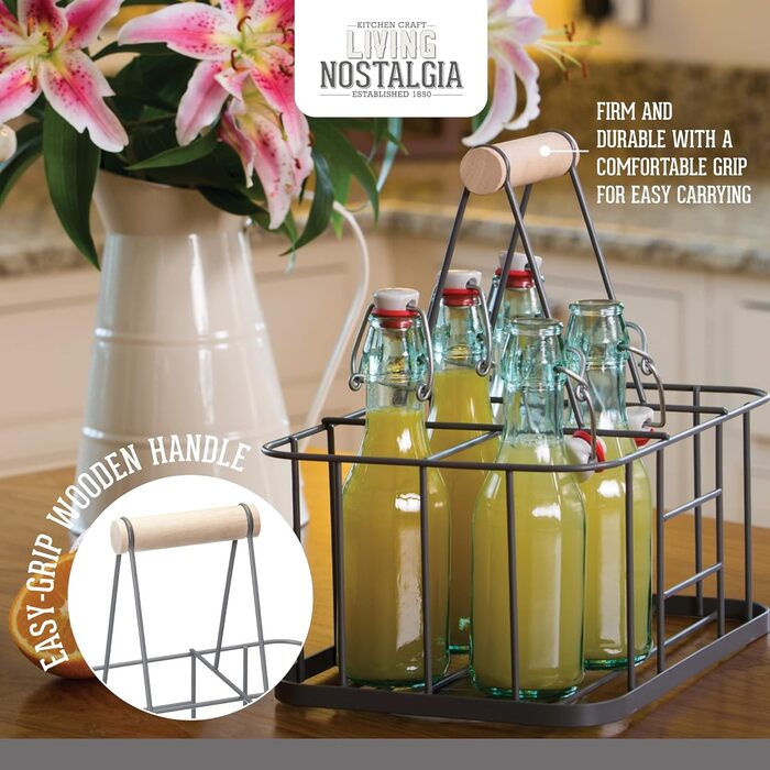 Металевий кошик KitchenCraft для 6 пляшок, сірий, 29x20x13 см – органайзер для молочних та винних пляшок, ретро стиль
