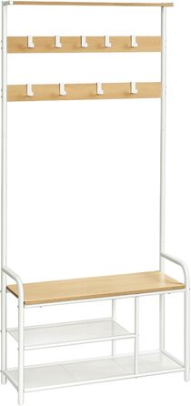 VASAGLE Вішалка для одягу з лавкою та полицею, 9 гачків, 30x85x180,5 см, індустріальний стиль, вінтаж, для коридору, спальні, компактна, колір дуба + білий