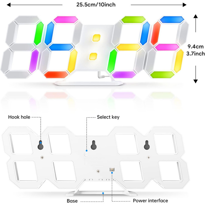 3D LED годинник-будильник EDUP HOME 9,7'' з RGB підсвіткою, безшумний, цифровий, USB, 7 кольорів, дата, температура, додаток і пульт, для спальні, вітальні, офісу