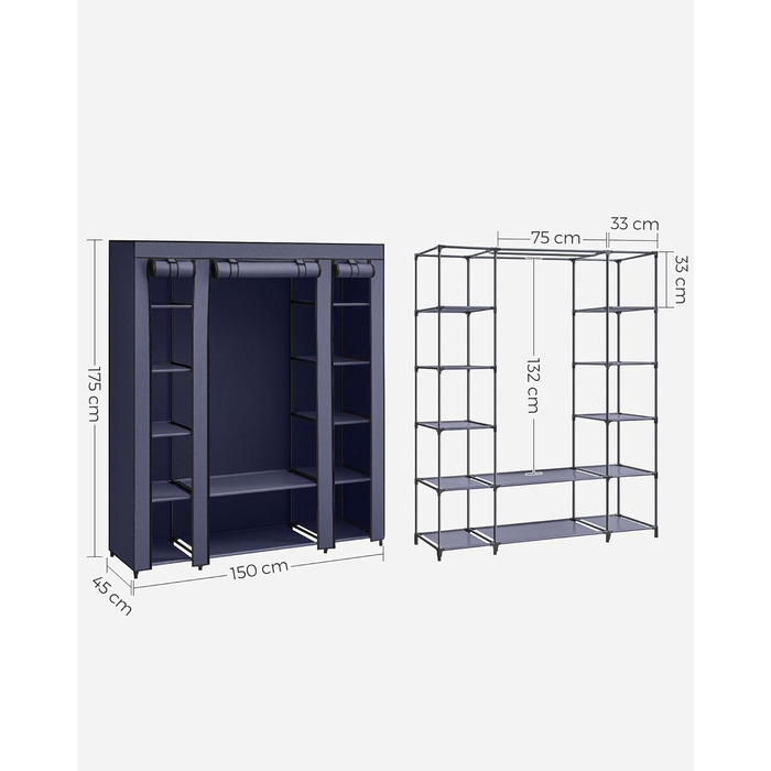 Тканинна шафа SONGMICS з полицями та вішалкою, 150x45x175 см, для одягу, спальня, гардероб, синій
