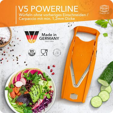 Овочерізка Börner V5 Plus з нержавіючою V-подібною лезом, регульована, з аксесуарами та овочечисткою, для нарізки скибками, соломкою, кубиками, помаранчева
